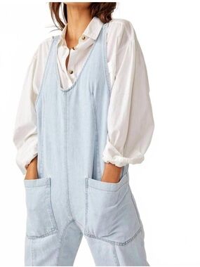 Free People Light Blue Denim Pocket Overalls Jumpsuit